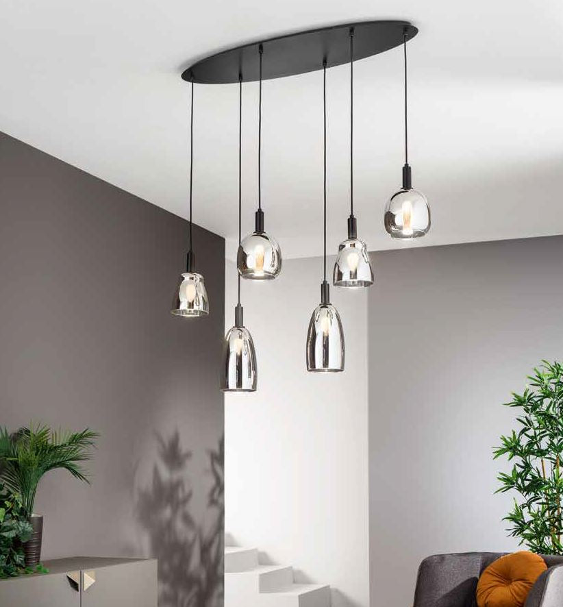 Sospensione 6 luci in metallo nero diffusore vetro cromo 6XE14 non incl. WEIZEN Sospensione 6 luci in metallo nero diffusore vetro cromo 6XE14 non incl. WEIZEN